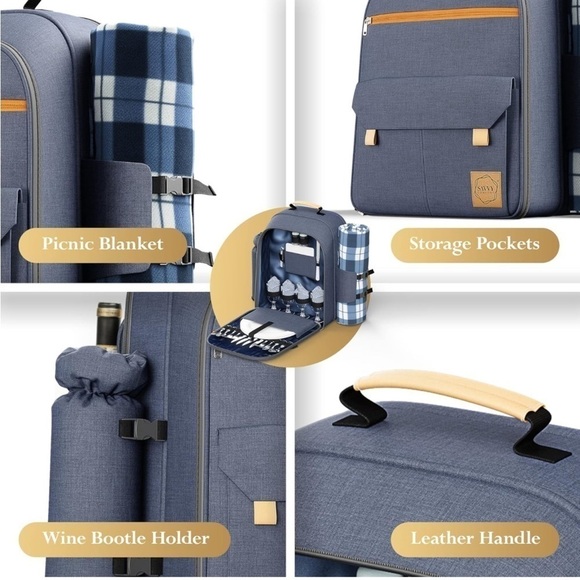 Brand New Picnic Backpack Set for 4 Insulated Large Cooler Waterproof Blanket - Picture 5 of 16